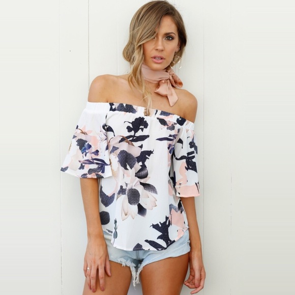 Tops - Off Shoulder High Low Floral Blouse